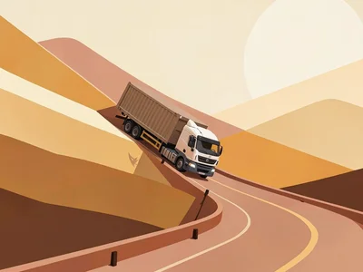 Cargo truck speck climbs a copper switchback road under a sun-bleached cream sky