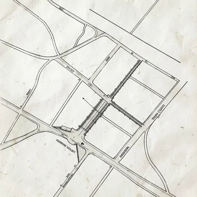industrial park map with parcel lines, rail spur, truck courts, entrance gate