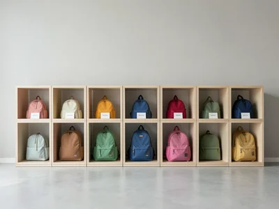 Row of cubbies with name tags and backpacks, colorful, organized