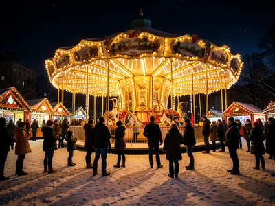 Carousel at Christmas market, lights, families, festive, winter night