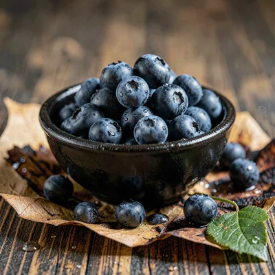Heap of fresh wild blueberries spilling from a small dark glaze bowl onto charre