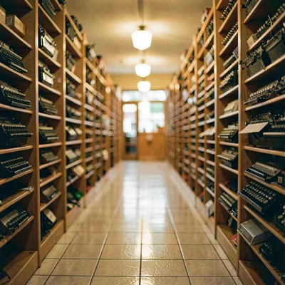 Long shop aisle of typewriter shelves blurring into golden bokeh, tile floor cat