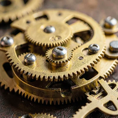 Macro of an exposed clock movement, brass gears stacked, jeweled pivots glinting