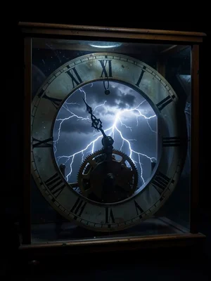 Clock that runs on captured lightning, glass case showing storm inside mechanism