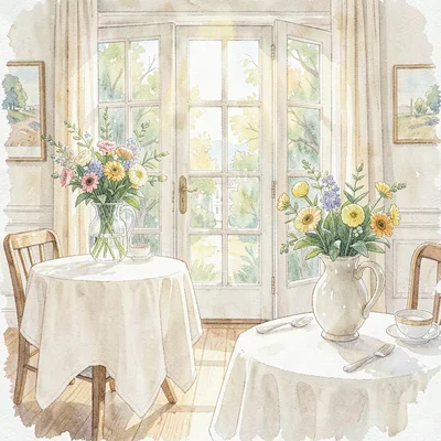 Bright morning watercolor of a hotel breakfast room, sun pouring through tall fr