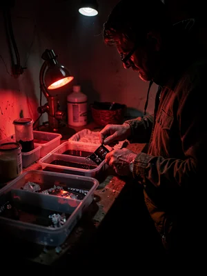 A war photographer's hands developing film in a makeshift darkroom, red safeligh