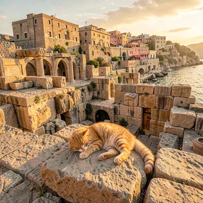 Old Jaffa time-layered, ancient port stone warmth, Feral cat sleeping on warm an