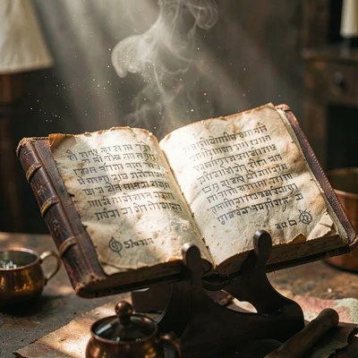 Intimate warm-toned photograph, Leather-bound Ethiopian manuscript open on readi