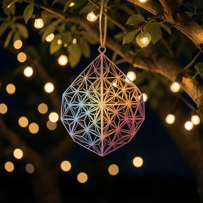 Close-up of ornament hanging on lit tree, bokeh lights behind, warm