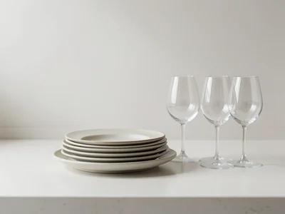 Stacked plates and wine glasses ready for setting, kitchen counter, preparation