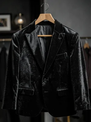 Velvet blazer on hanger, formal texture, menswear material