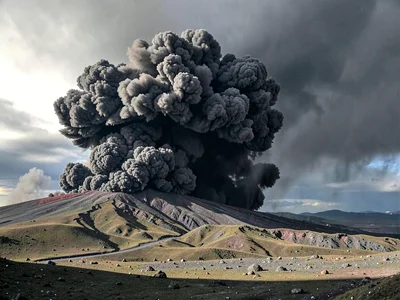 Ash cloud shadow on landscape below