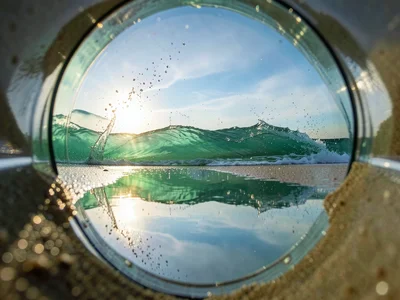 Wave reflection on wet sand just after retreat — perfect mirror of the sky in th