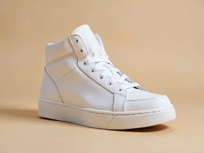 High-top sneaker poised at low-side angle on a sand-coloured seamless backdrop,