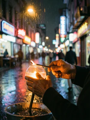 Glassblower's hands turning a molten glass gather on a blowpipe, orange glow