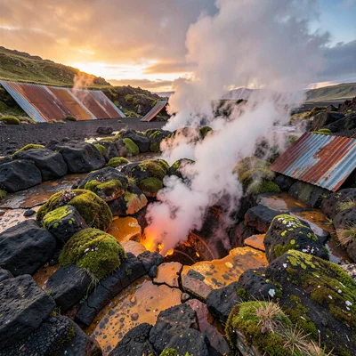 Volcanic otherworldly light in Iceland, a geothermal vent releasing steam from c