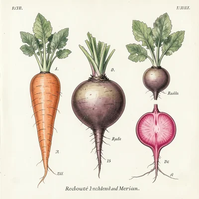 A root vegetable plate: carrot, beet, turnip, and radish shown whole and in cros