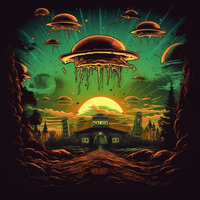 Black t-shirt print detail packed UFOs in drive at Mc