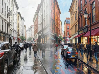 City street scene that transitions from photograph on left to oil painting on ri