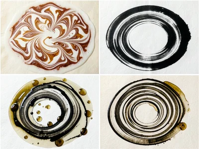 Suminagashi Japanese marbling, concentric circles of black sumi ink on water tra