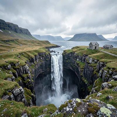 Icelandic isolation, Westfjords remoteness, Waterfall plunging into empty gorge,