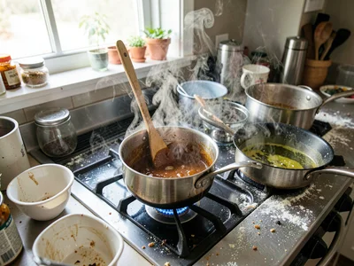 Wooden spoon upright in thick reducing sauce