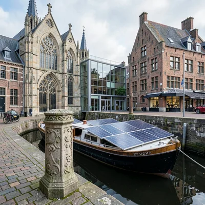 Medieval-modern temporal collision, Ghent layers, Canal boat with solar panels m