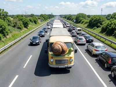 Snail the size of a van on highway, traffic backed up behind it, overhead shot