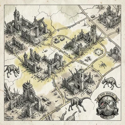 A post-apocalyptic wasteland map with crumbled city ruins in fine ink, irradiate
