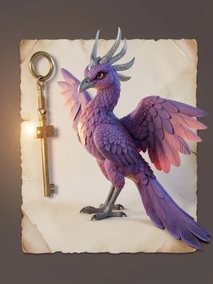 Twilight-purple phoenix with violet-and-rose plumage and silver-tipped crest, pe