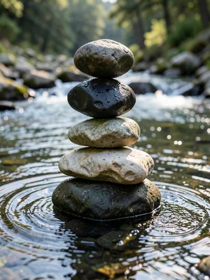 An ephemeral sculpture of balanced river stones in a stream, five stones stacked