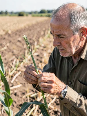 Farmer holding a single crop stalk, examining it closely, dry field receding beh