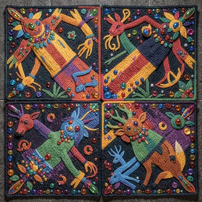 Four directions cross — each arm a different sacred creature and color zone