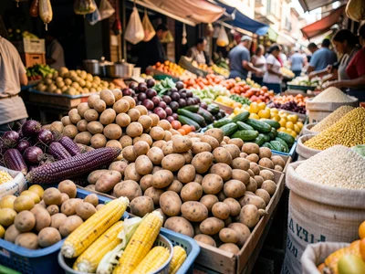 A vegetable market in Peru, pyramids of potatoes in 50 varieties, corn in purple
