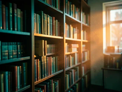 Librarian shelving books, dust motes in evening light, knowledge as adventure