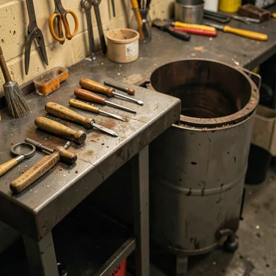 Workshop scene of tools laid out on a steel bench beside the bench-glory hole