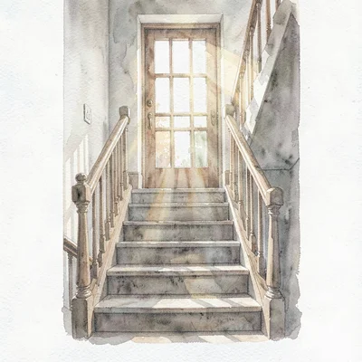 Vertical watercolor of a staircase with morning light falling on the studio entr