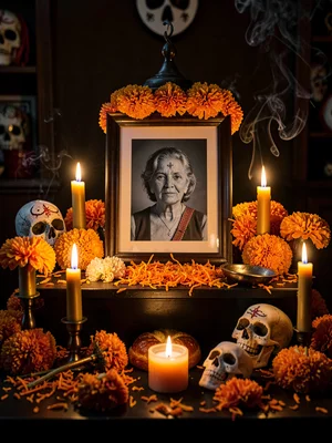 Framed portrait on altar with marigolds and candles