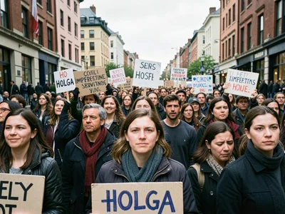 Protest march through Holga, individual faces softening into collective hope, im