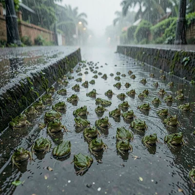 Monsoon season photograph, heavy rain atmosphere, Frogs on a flooded step, dozen