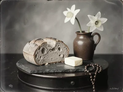 A soda bread loaf torn in half on a slate board beside a pat of butter, a single