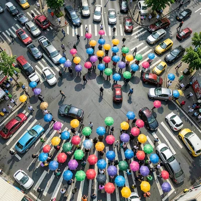 Rush hour intersection from above, umbrellas becoming blooms of color