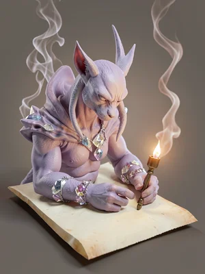 Pale-violet djinn with smoky shoulders and crystalline gemstone bands at the wri