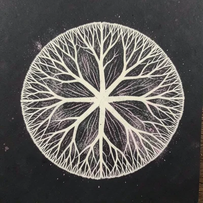 Delicate fungal pattern resembling branching family tree, cream on dark paper