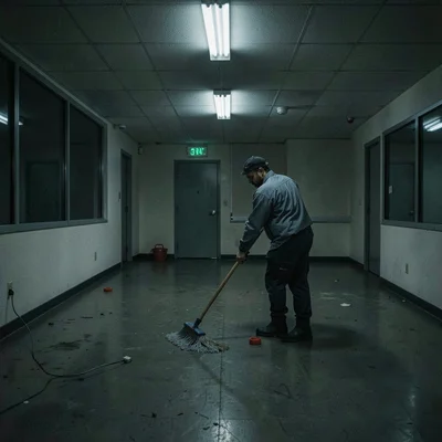 Night shift janitor mopping an empty office floor
