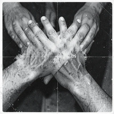 Hands clasped together, 8th-generation photocopy, fingers dissolving into granul
