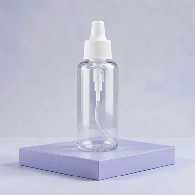 Catalog ad of an acrylic squeeze bottle on a periwinkle block, hairline shadow