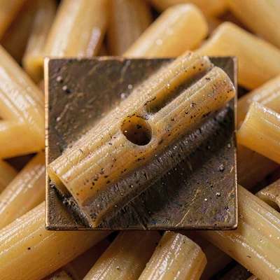 Macro square of bronze-die extruded rigatoni, rough surface