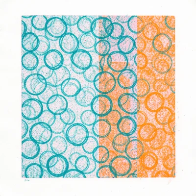 Risograph-printed pattern of hand-drawn circles in teal ink, second pass of the 