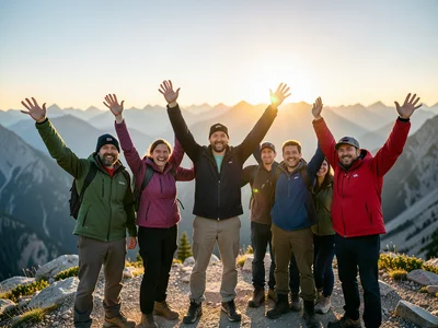 Group of friends at a summit, arms raised, mountain panorama behind, achievement
